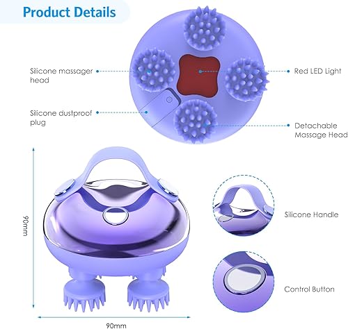 Miniatura 6 de Olipiter Masajeador eléctrico para el cuero cabelludo con amasado, 100 nodos de masaje, masajeador de cabeza portátil, rascador de cabeza de mano
