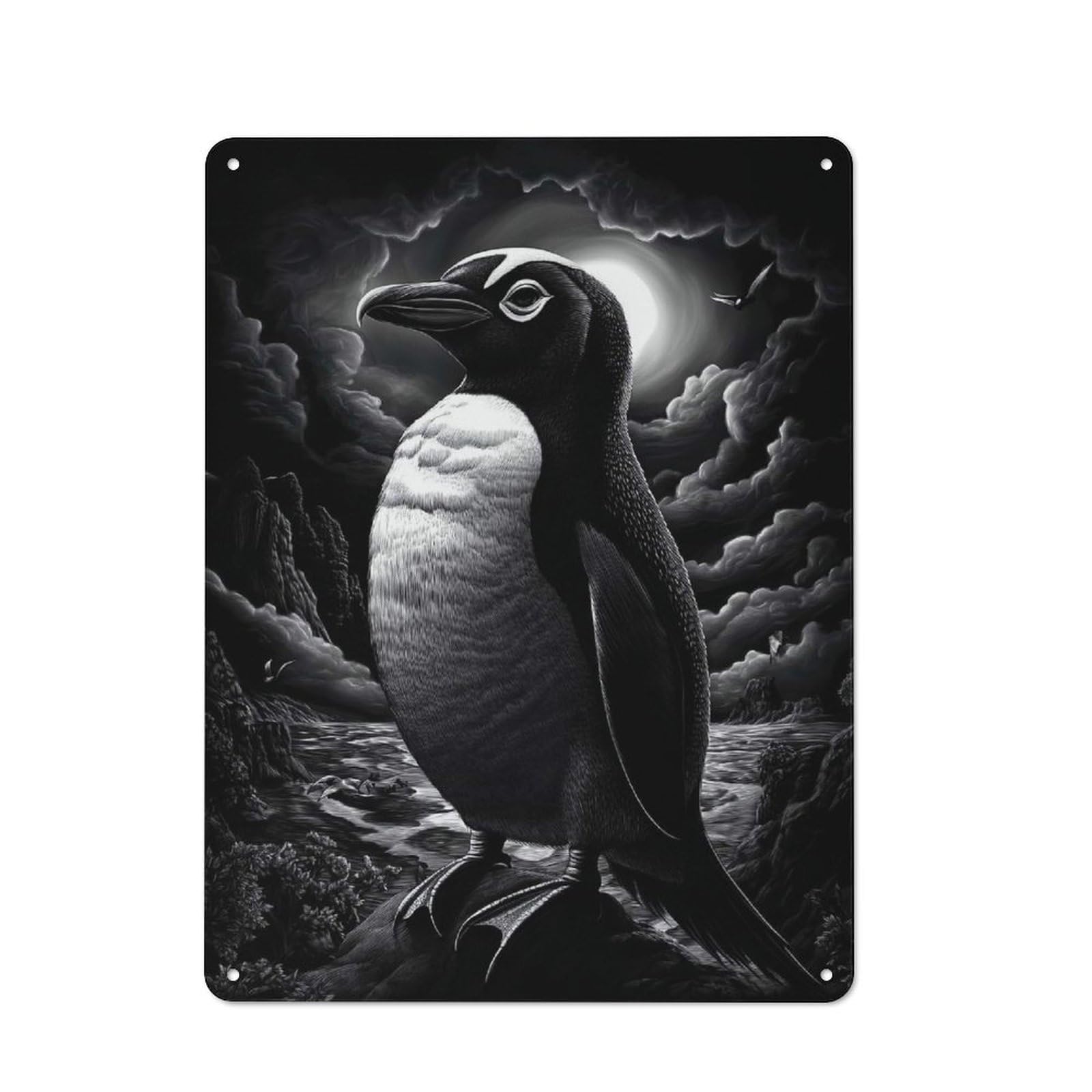 Junmoney Style-24 Penguin Under Moonlight Vintage Metal Sign 40X30cm, Vintage Bistro Wall Plaque For Coffee Bar, Small Shop Or Dining Room