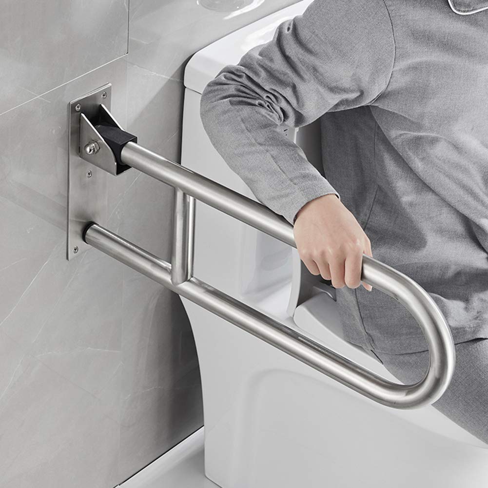 Barra de seguridad plegable para baño, barra de agarre para inodoro con agarre antideslizante, mango en forma de U de acero inoxidable, acabado mate, para ancianos/minusvalidos (60 cm)