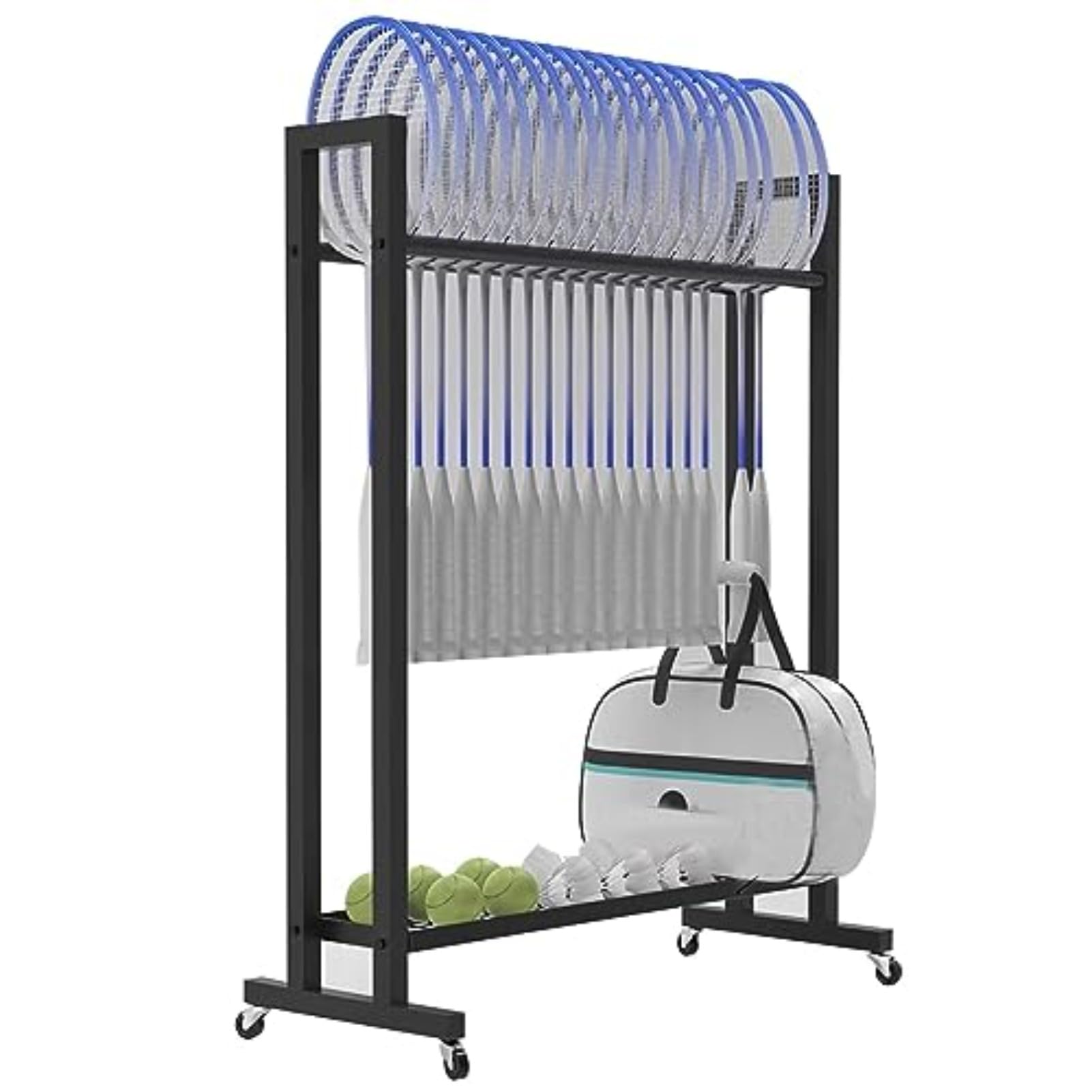 Chariot de sport portable sur roulettes – Organiseur peu encombrant pouvant contenir 17 à 19 raquettes pour tennis, badminton, basket-ball, idéal pour les gymnases, les clubs, les installations