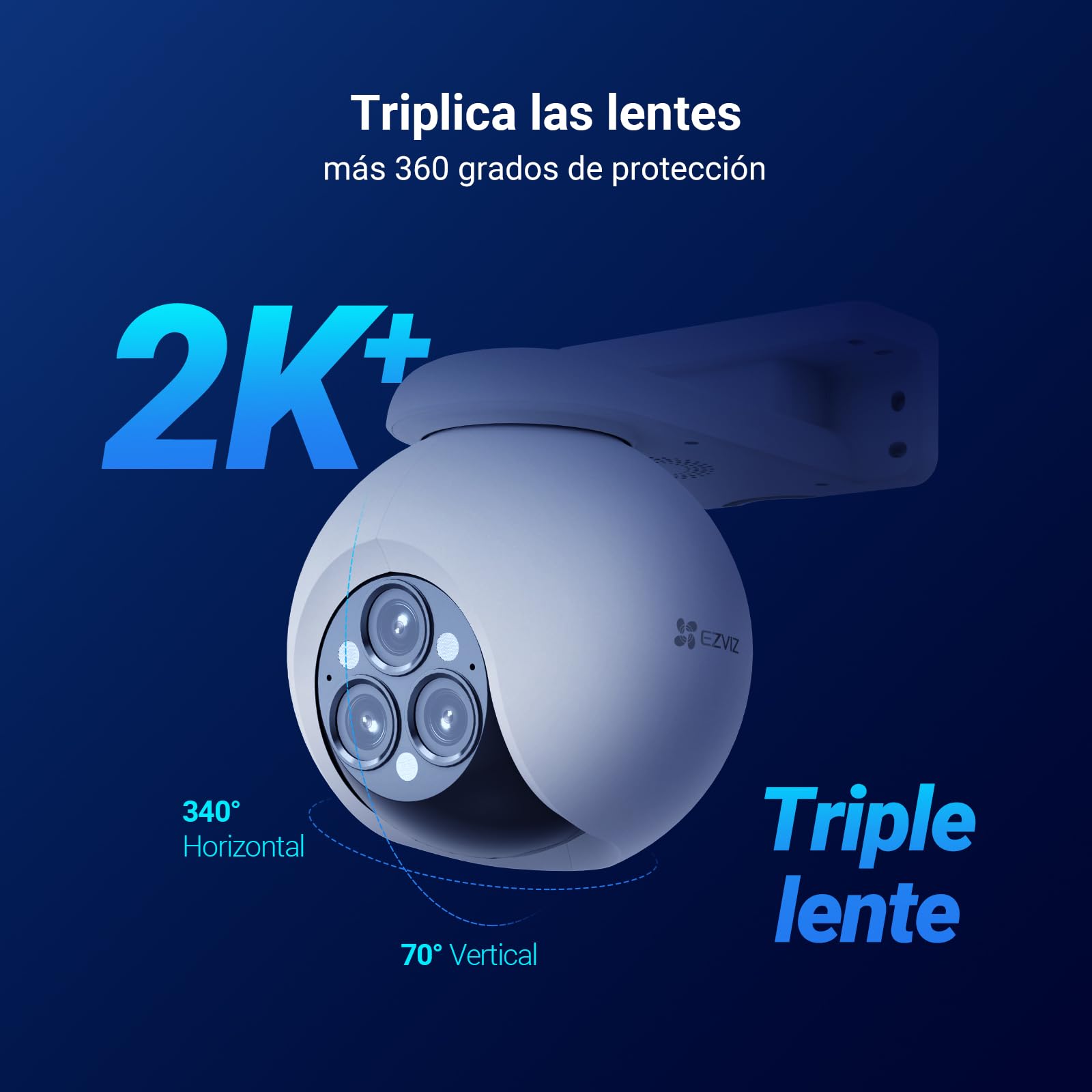 EZVIZ Cámara Vigilancia WiFi Exterior,12MP,Triple Lente,3 × 2K+ Cámara IP de Seguridad 360°,Visión Nocturna en Color,IA Detección Persona/Vehículo,12× Zoom,Sirena,Alexa,Impermeable,H80F Multi