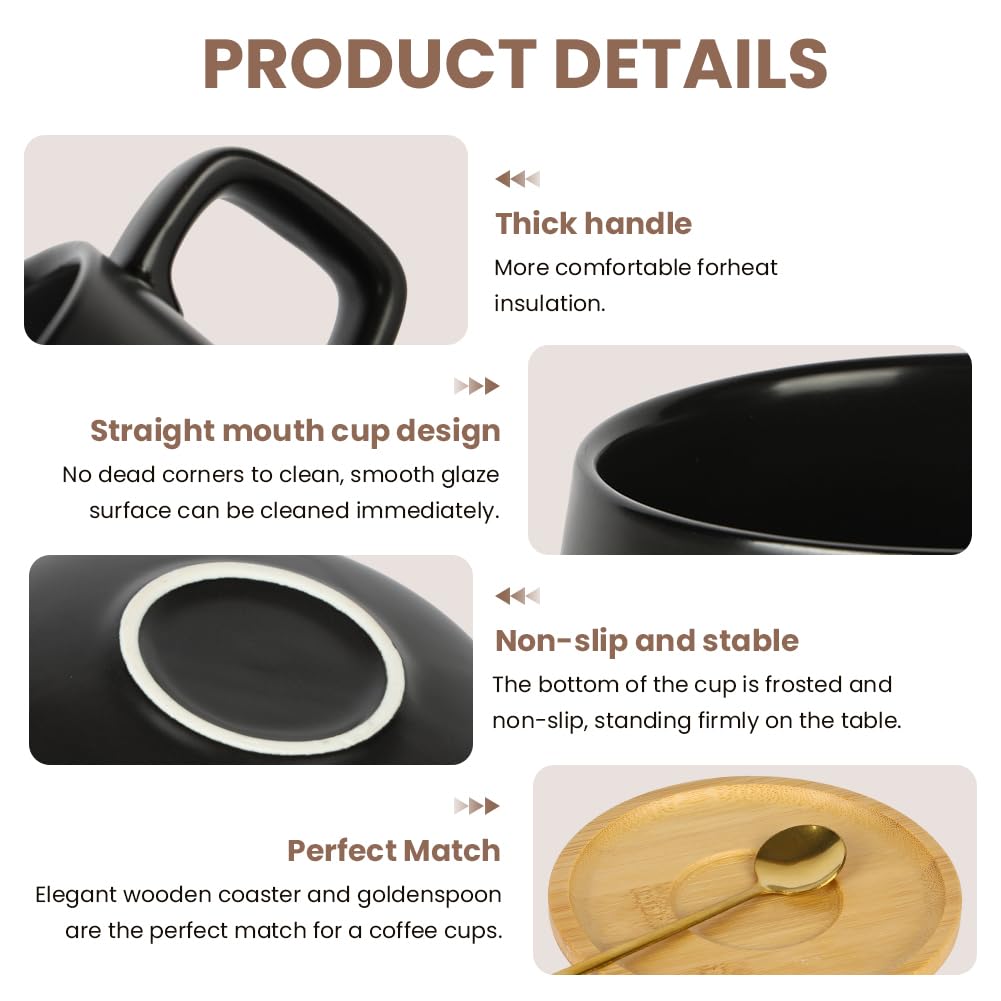 Lot de 4 Tasses à Cappuccino avec soucoupe,320ml Ensemble Tasses à Expresso en Grès,set de tasses et soucoupes,tasses à café avec disque en bois pour café, cappuccino,thé(Noir mat)