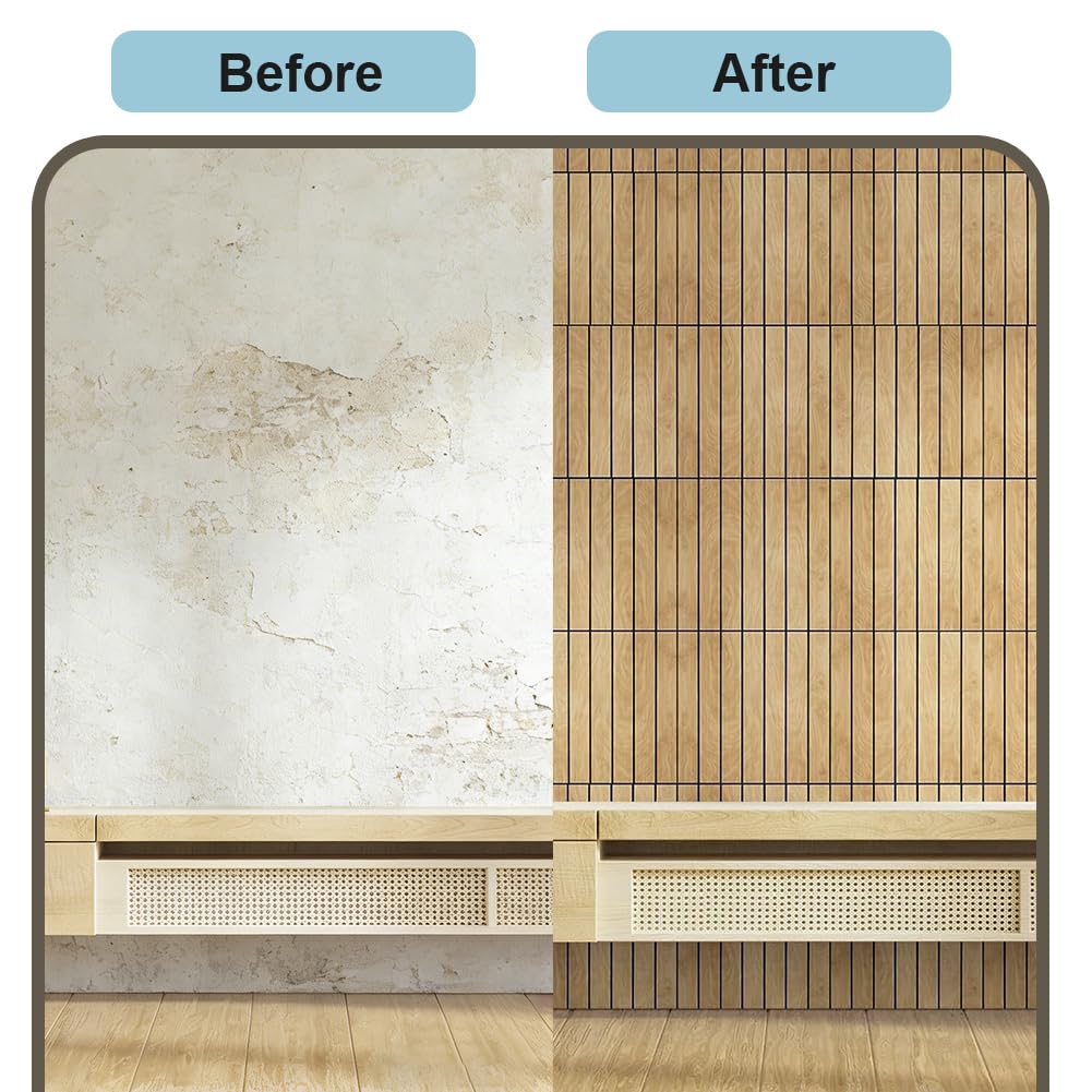LOMUG Paneles de pared autoadhesivos con aspecto de listones de madera, 30 x 30 cm, paneles decorativos de pared de PVC, absorbentes de sonido, para salón y dormitorio, paquete de 12 unidades (AC-009)