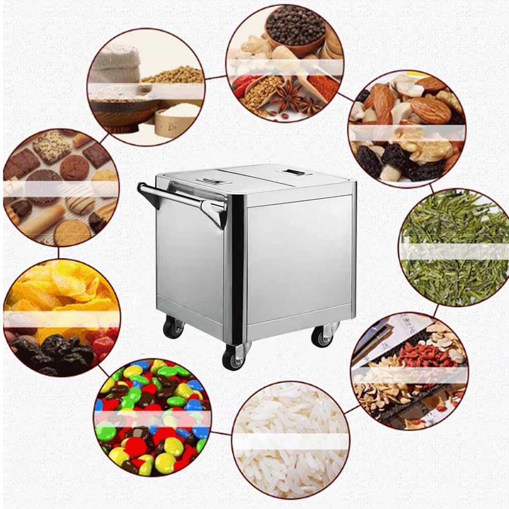 Przenośny słoik ryżu ze stali nierdzewnej z pokrywką, 4 uniwersalne koła, pojemnik na żywność o pojemności 25/50 kg, wolnostojącego dużą lufę mąki, ciężki słoik zbóż,25kg without partition