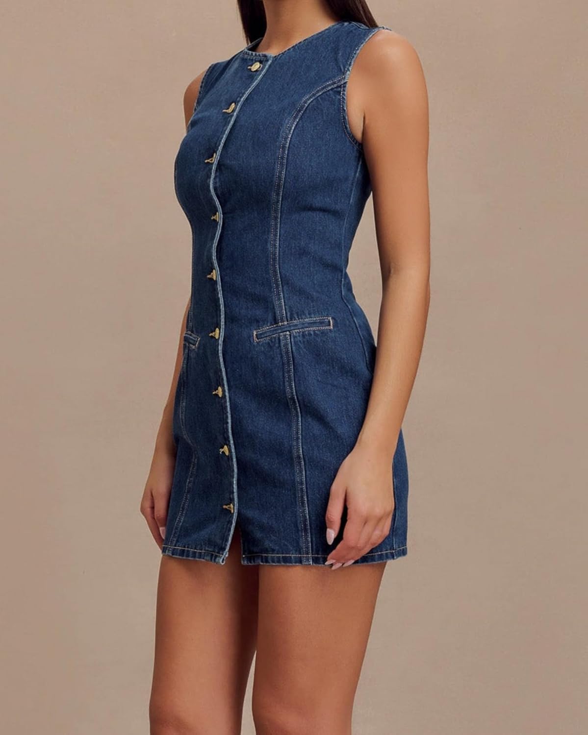 Women's Denim Mini Dress Sleeveless Crewneck Button Up Bodycon Stretchy Casual Jean Tank Dresses - Image 3