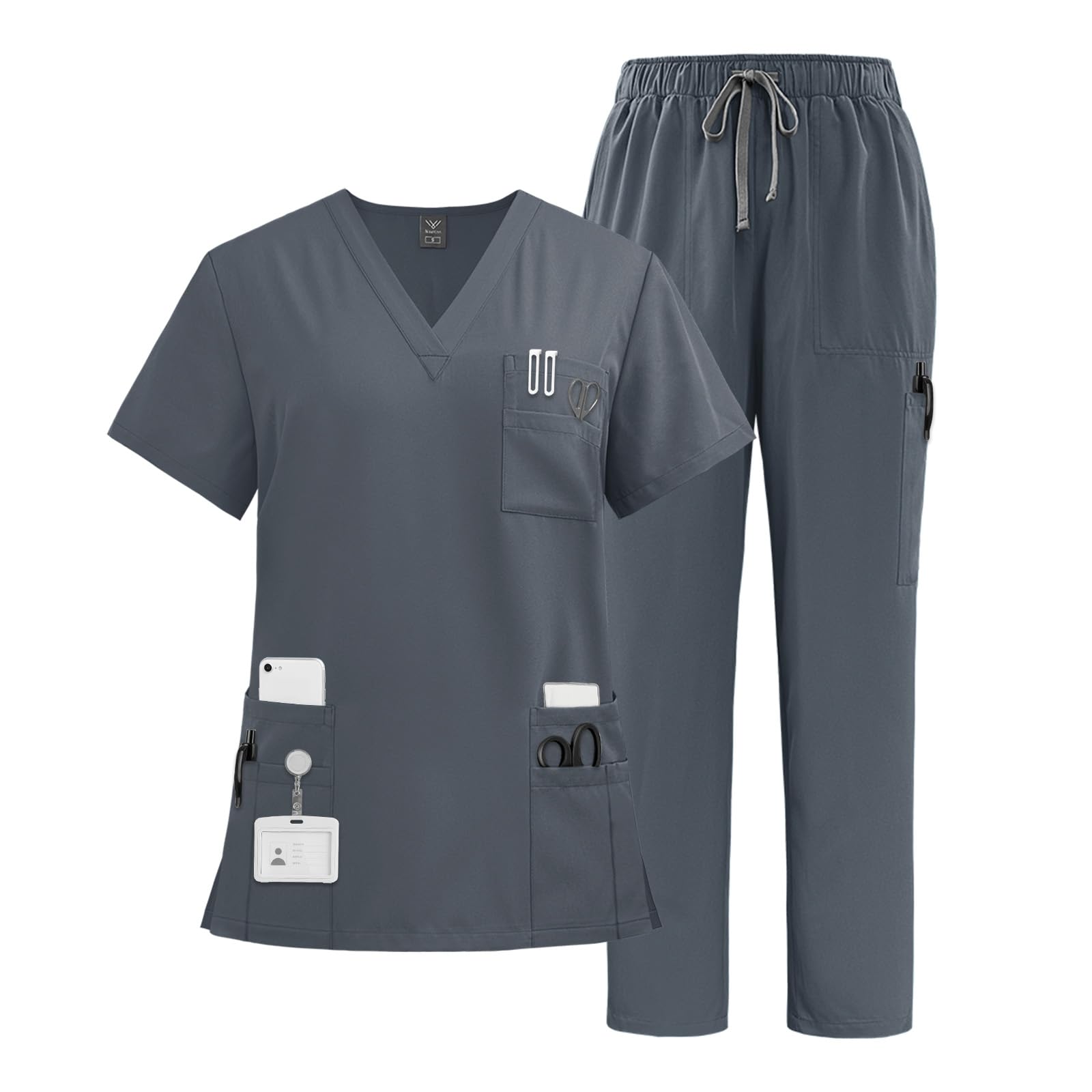 VIAOLI Scrubs Set Multiple pockets V-Neck Top and Drawstring Scrub Pant - Medical Uniform Women Scrub Set Clearance