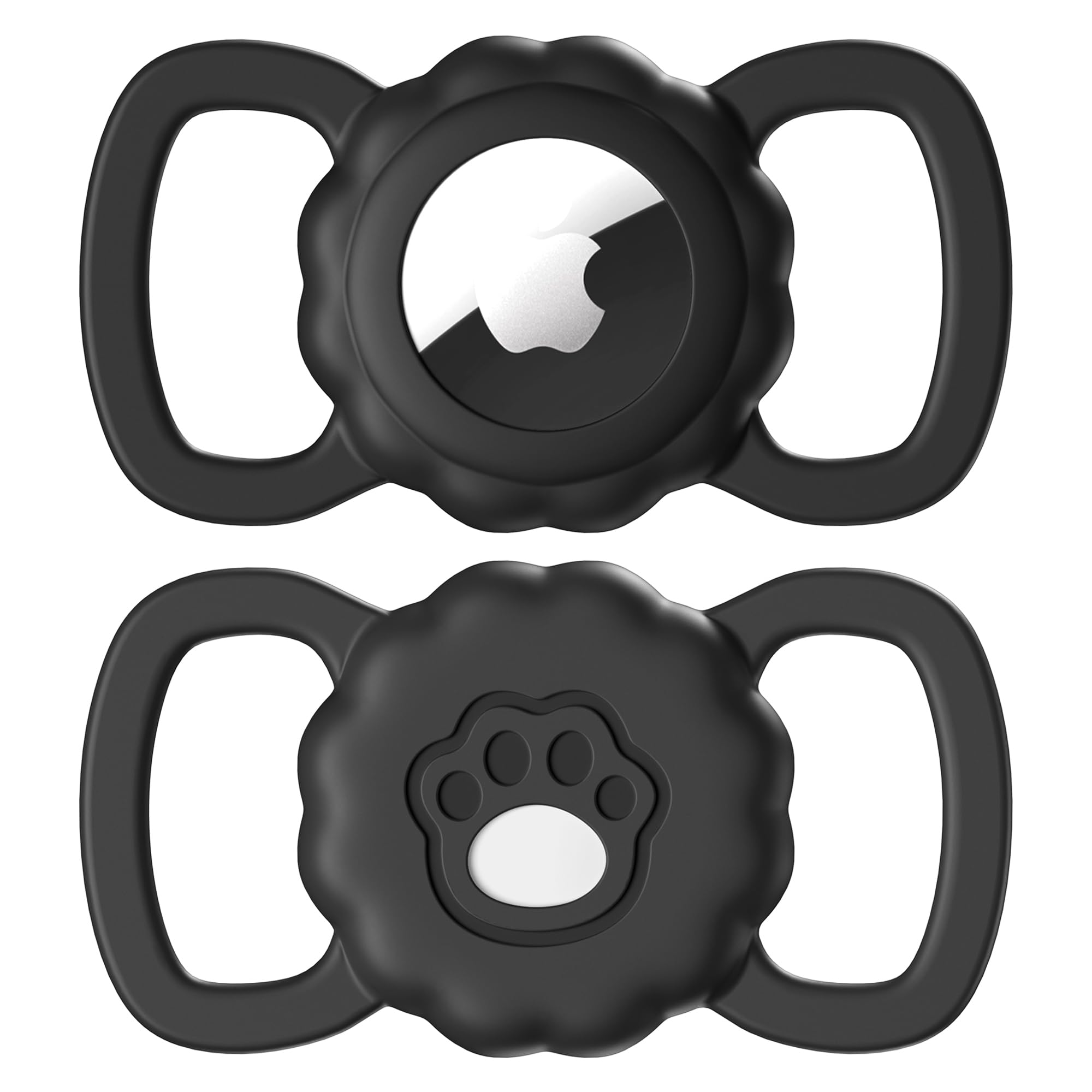 Maledan 2 Pack Airtag Dog Collar Holders Compatible with Apple AirTag GPS Tracking Finder - Air Tag Protective Silicone Case with Paw Pattern for Dog Airtag Holder Cat Collar Loop Holder, Black+Black