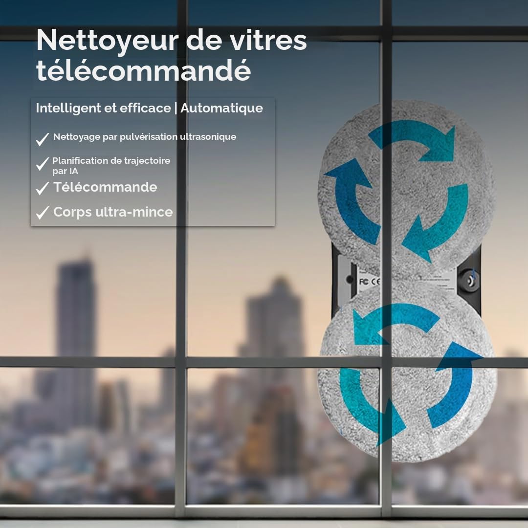 Robot nettoyeur de vitres intelligent avec aspirateur 5600Pa, robot de nettoyage automatique de vitres intelligent avec détection des bords, système de corde de sécurité et télécommande pour fenêtres