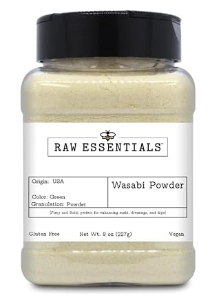 Raw Essentials Wasabi Powder, 8 Ounce Bottle | Fiery and Bold, Perfect for Sushi, Dressings, and Dips, Gluten Free, Vegan