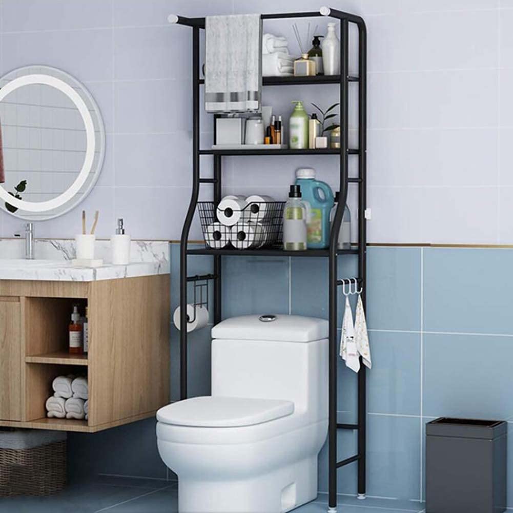 Scaffale a 3 ripiani in metallo antiruggine autoportante con porta carta igienica, per bagno, lavanderia e soggiorno, elegante design nero