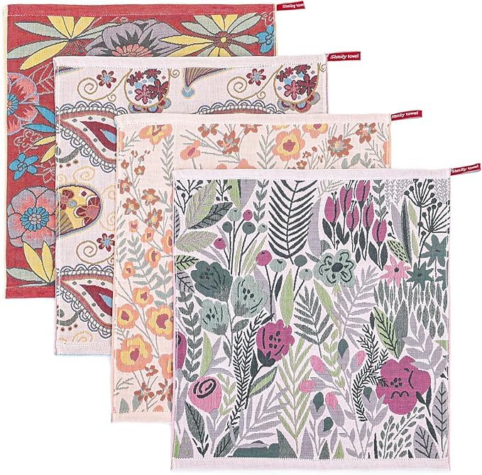 HOORDRY Kitchen Tea Towels with Hanging Loop, Super Absorbent Dish Towel, 4 Pack 100% Cotton Soft Thick Cloth for Drying, Cleaning, Colourful Floral Hand Towels, 41x38CM (16x15In), Mother's Day Gift