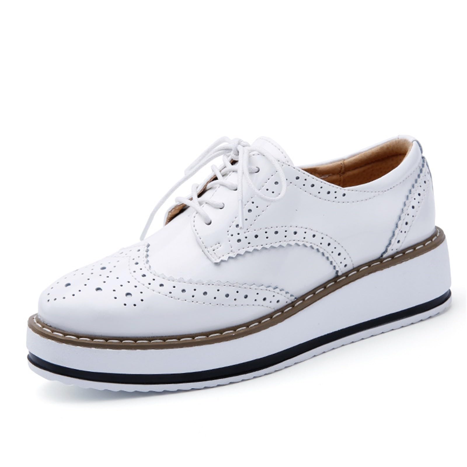 Chaussures Oxford à plateforme pour femme - Style classique - En cuir épais - Bout rond - Chaussures compensées à lacets - Respirantes et confortables - Brillantes