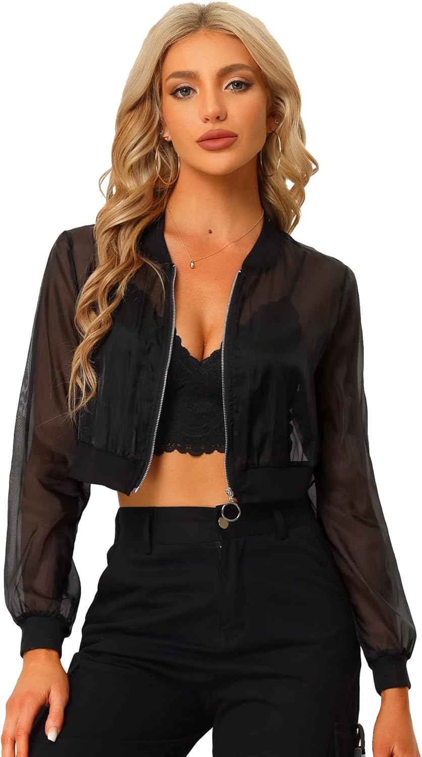 Allegra K Bomber Crop Jacket for Women's Sheer Mesh Lightweight Long Sleeve Jackets