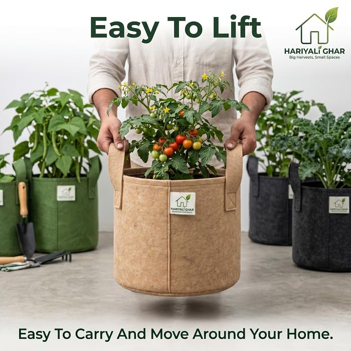 Image of 400 GSM Geo Fabric Round Grow Bags 8x8 Inch with Handle, Camel Color Planting Bags for Terrace and Kitchen Gardening Pack of 1