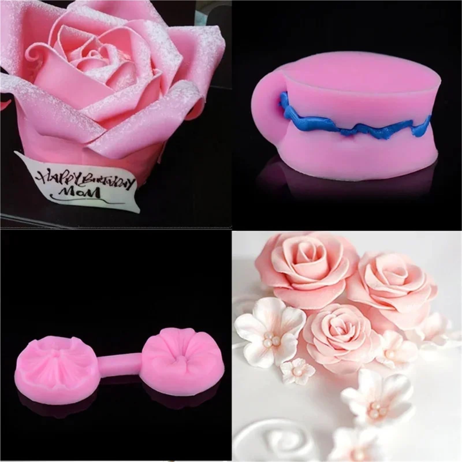 Juego de 4 moldes 3D silicona con forma rosa for decorar pasteles, fondant, chocolate y azúcar Para Repostería Y Postres