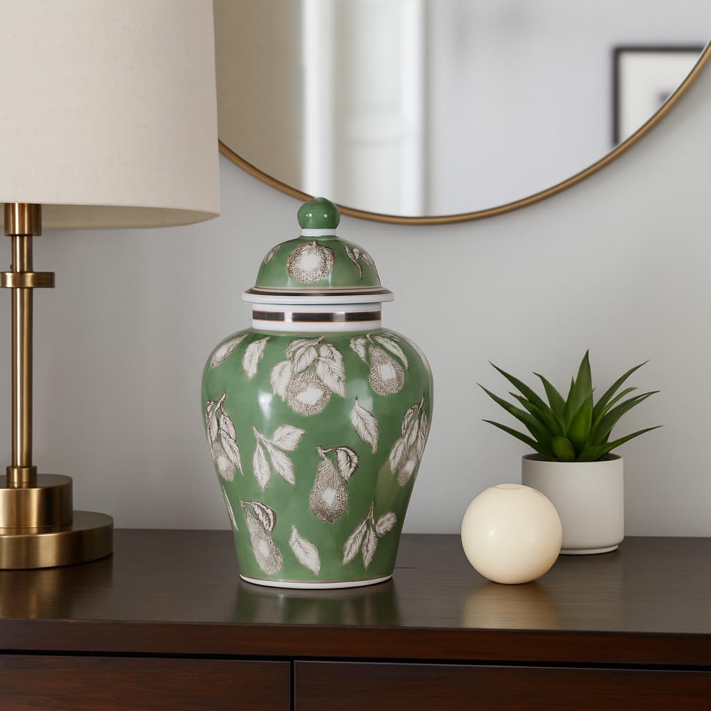 Decorative Ceramic Temple Jar for Living Room Decor - Modern Pear and Twigs Design Jar for Room, Office, and Home Decor - Versatile Flower Vase for Bedroom, Table, or House Accent - 14", Green & Brown