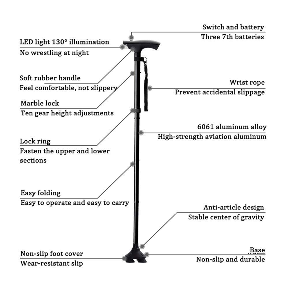 Bastón Plegable LED Profesional, con luz LED, Base cuádruple pivotante, bastón Ajustable para Caballero o señora Mayor Bastón Plegable de aleación de Aluminio con luz (B) Star of Light