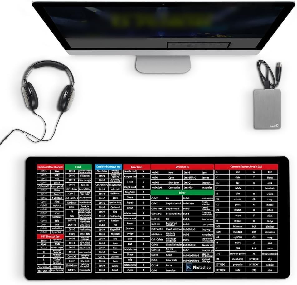 Quick Key Super Large Anti-Slip Keyboard Pad - with Office Software Shortcuts Pattern, Big Extended Non-Slip Rubber Base Mousepad Stitched Edge Gaming Pc Desktop Large Mice Pad