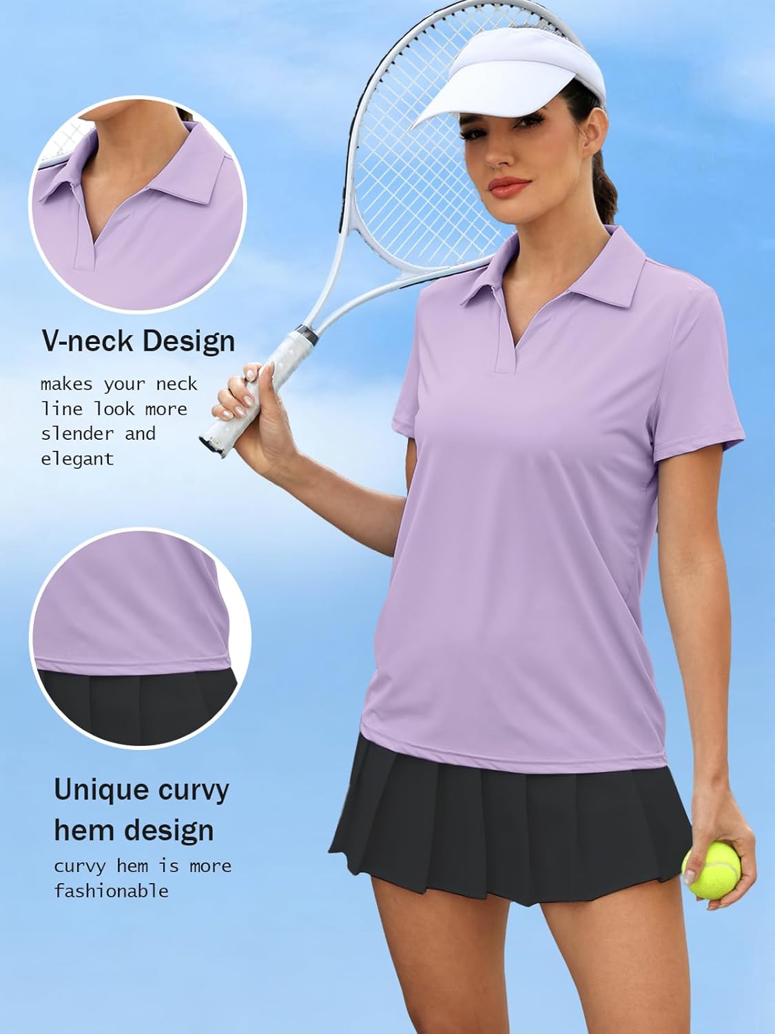 Women's Polo Shirts Short Sleeve UPF 50+ Sun Protection V Neck Golf Tennis Collared Work Tops Dry Fit Light Purple XL - Image 6
