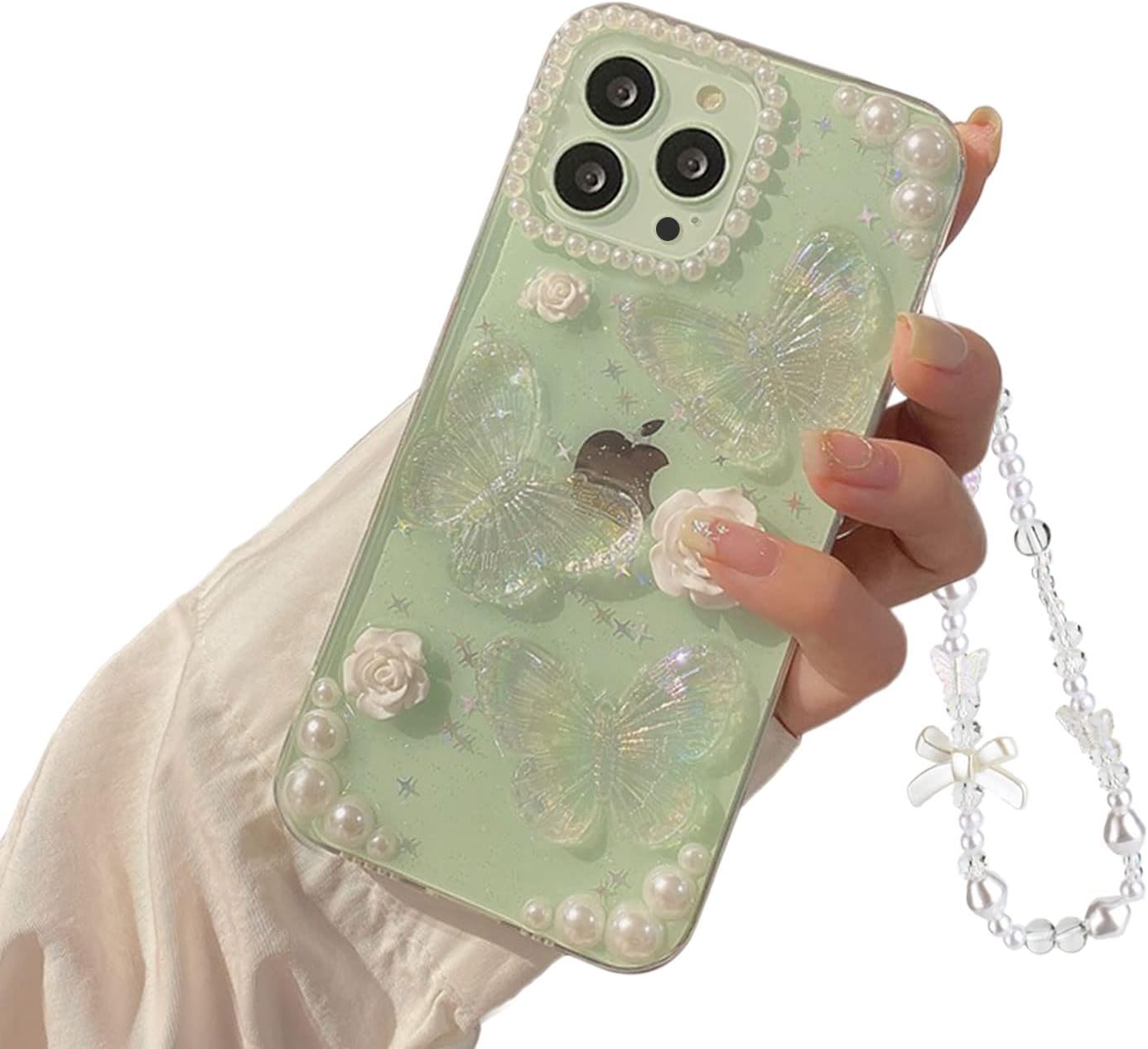 Fycyko Compatible with iPhone 13 Pro Max 3D Butterfly Floral Clear with Design Aesthetic Women Teen Girls Glitter Pretty Crystal Sparkle Sparkly Cute Girly Phone Cases Protective Cover+Chain-Clear