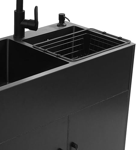 Miniatura 7 de Fregadero de lavandería de 30 pulgadas con gabinete y grifo rociador extraíble, gabinete de fregadero de cocina de acero inoxidable con cesta de
