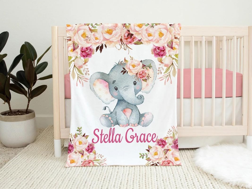Allisha Store Elephants Pink Floral Baby Girl Name Blanket, Personalized Elephant