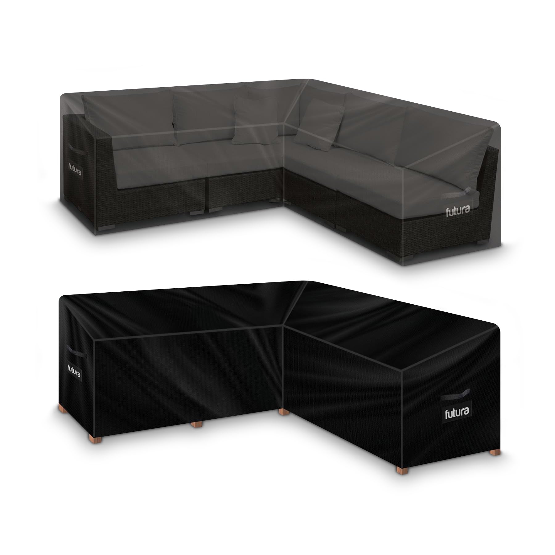 Futura Premium V Shaped Garden Furniture Covers Waterproof 255x255x80cm, Heavy Duty 600D Oxford Fabric Outdoor Rattan Corner Sofa Cover, PVC Lined, Air Vents and UV Safe