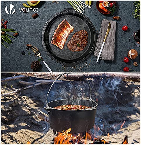 VOUNOT Dutch Oven Set 4.25 Liter, Eingebrannter Feuertopf aus Gusseisen für Garten Lagerfeuer Camping, mit Füßen, Deckel, Deckelheber und Tragetasche