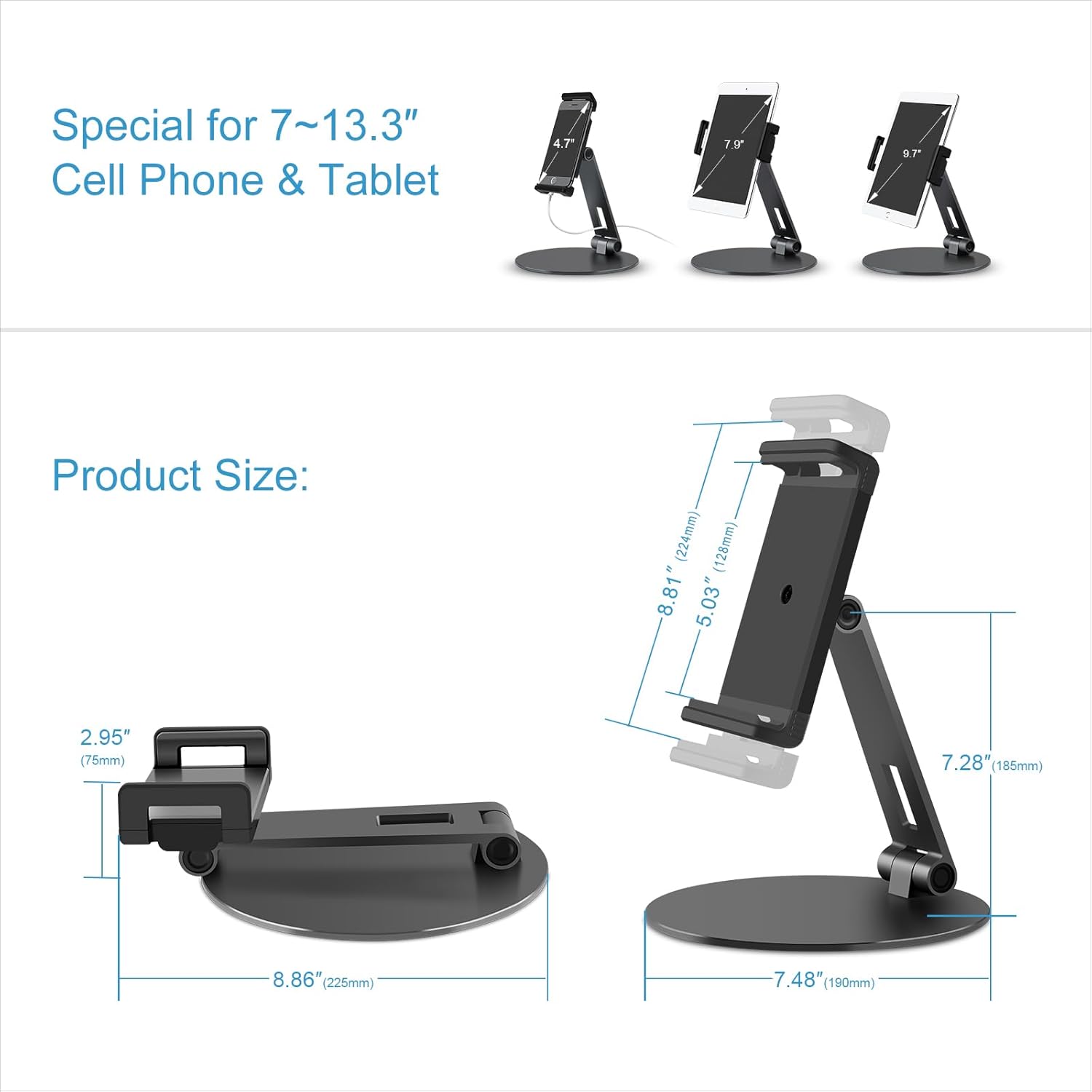 Rotating Tablet Stand,360°Rotatable Retail Kiosk Holder,Aluminum Commercial POS Display Stand for Microsoft Surface,iPad 10,Galaxy Tabs-7''-13''Tablets for Business,Office,Reception Kitchen,Home-Black