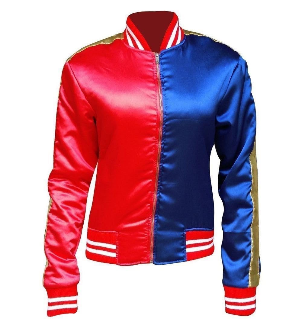 Halloween-Kostüm für Damen, langärmelig, rote und blaue Jacke, Faschingskostüme, Satin, Bomberjacke für Damen, mit Joker-Aufdruck auf der Rückseite