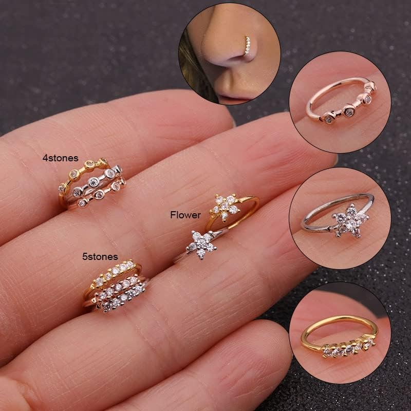 Miniatura 6 de Aro pequeño de nariz dorado para mujer, pequeños aretes de acero quirúrgico con circonita cúbica transparente para cartílago, acero inoxidable 316L,