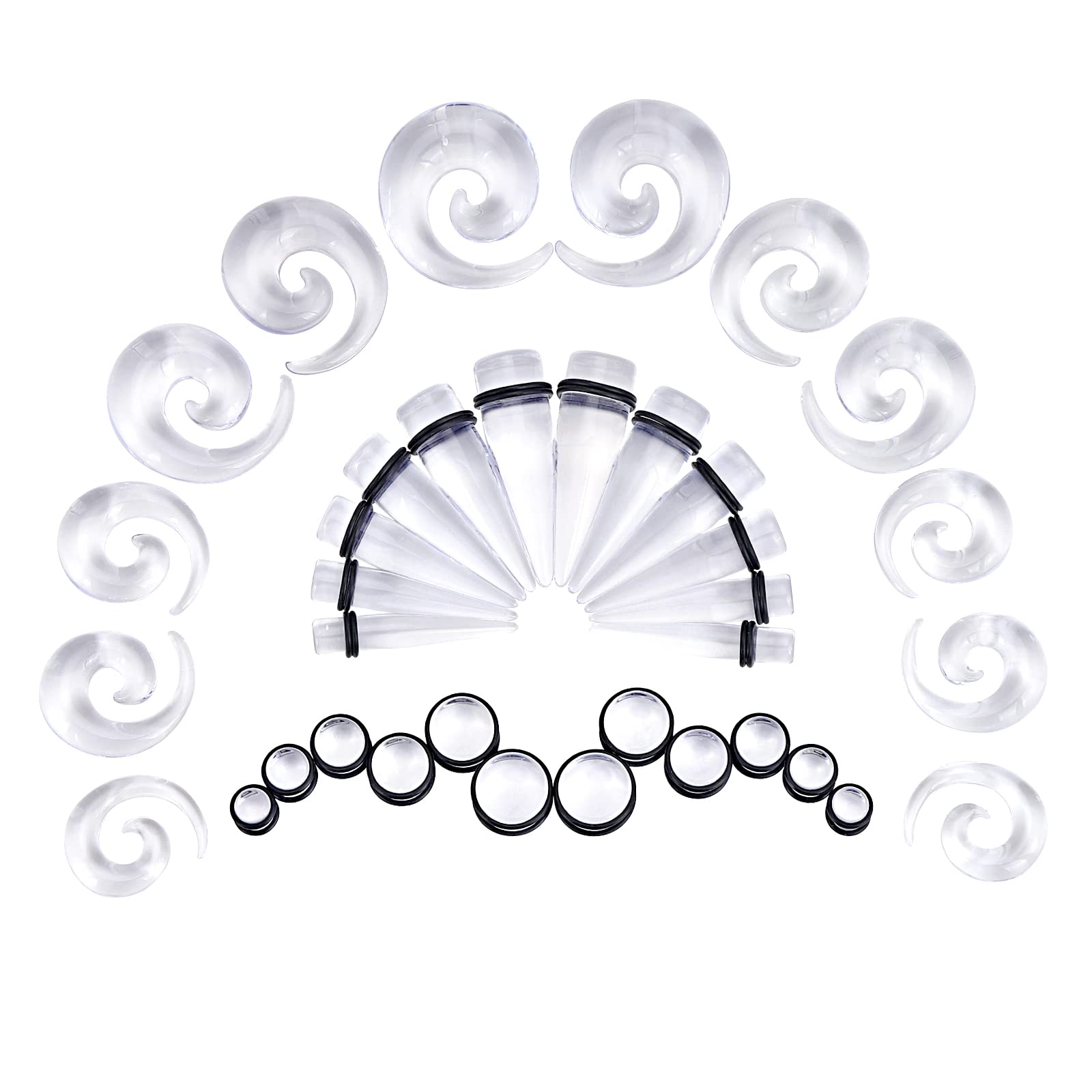 Qmcandy 00G-20 mm zestaw do rozciągania uszu, 24-36 szt., duży rozmiar, zestaw stożków, duży akrylowy tunel, spiralny zestaw, Akryl, cyrkonia sześcienna, sześcienna-cyrkonia