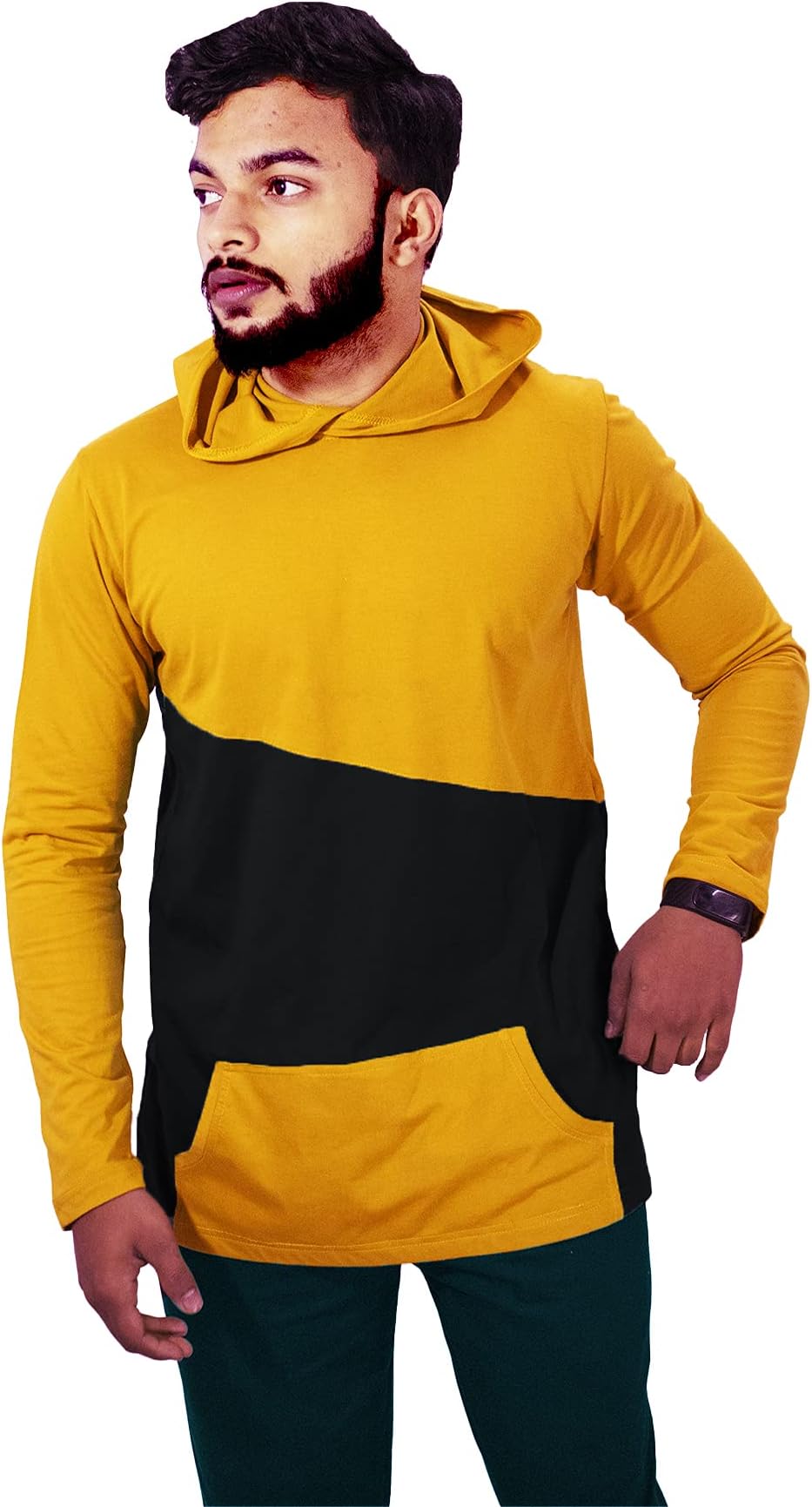 Mebadass Colorblock Crew Neck FullSleeves Cotton Mens Stylish Hood T-Shirt-Mustard & Black