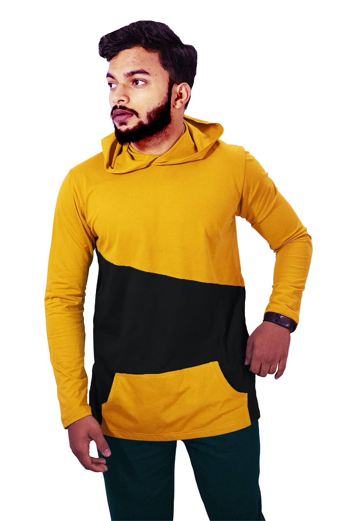 Mebadass Colorblock Crew Neck FullSleeves Cotton Mens Stylish Hood T-Shirt-Mustard & Black