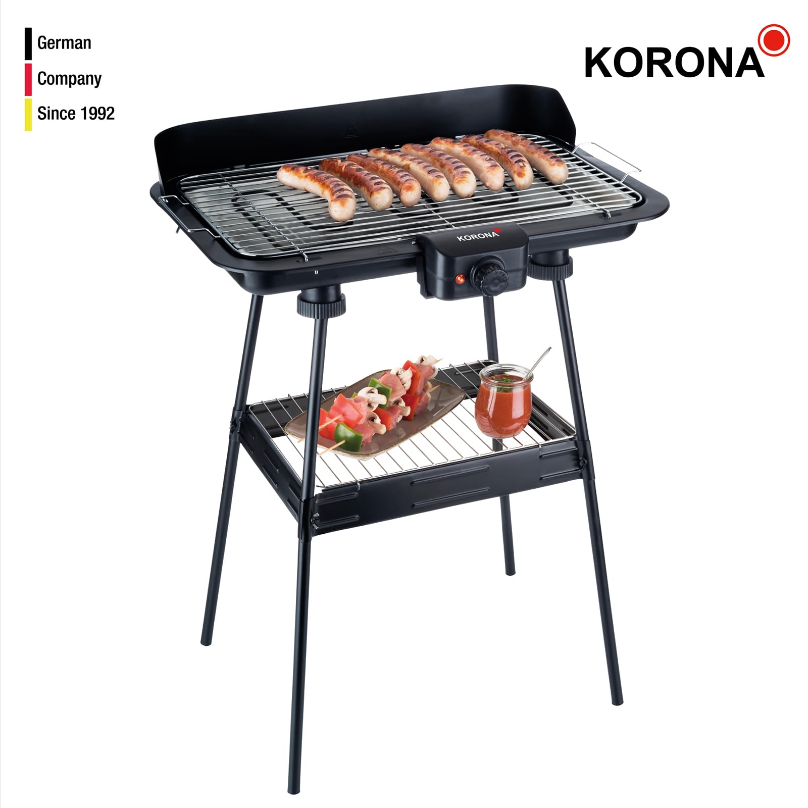 Korona 46221 Elektryczny grill stojący z rusztem do grillowania XXL (51 x 30 cm), 2200 W, ochrona przed wiatrem, lampka kontrolna, wyłącznik bezpieczeństwa, bezstopniowa regulacja temperatury