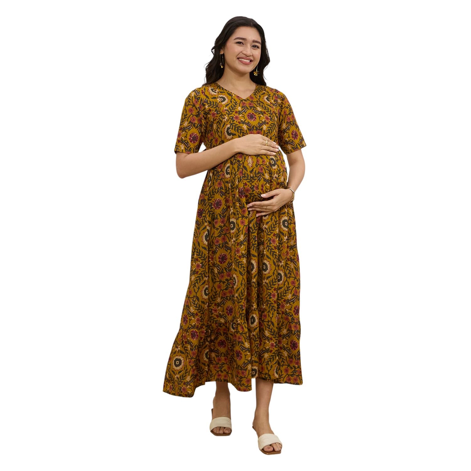 Cotton Maternity Feeding Kurti Dress for Women | Pregnancy Yellow Dress with Concealed Zippers for Nursing | Soft Breathable Fabric | Comfortable Calf-Length Outfit for Office