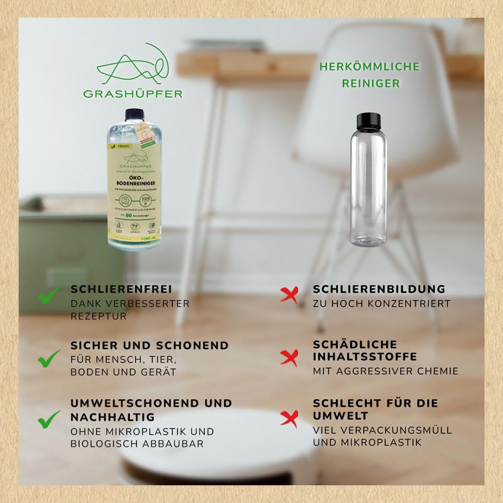 3er Set GRASHÜPFER® Öko Bodenreiniger für Wischroboter [ZITRUSBLÜTE] - Wischroboter Reinigungsmittel kompatibel mit Roborock, Dreame, Ecovacs & Co. für Laminat, Parkett, Vinyl & Fliesen - 3x1000 ml