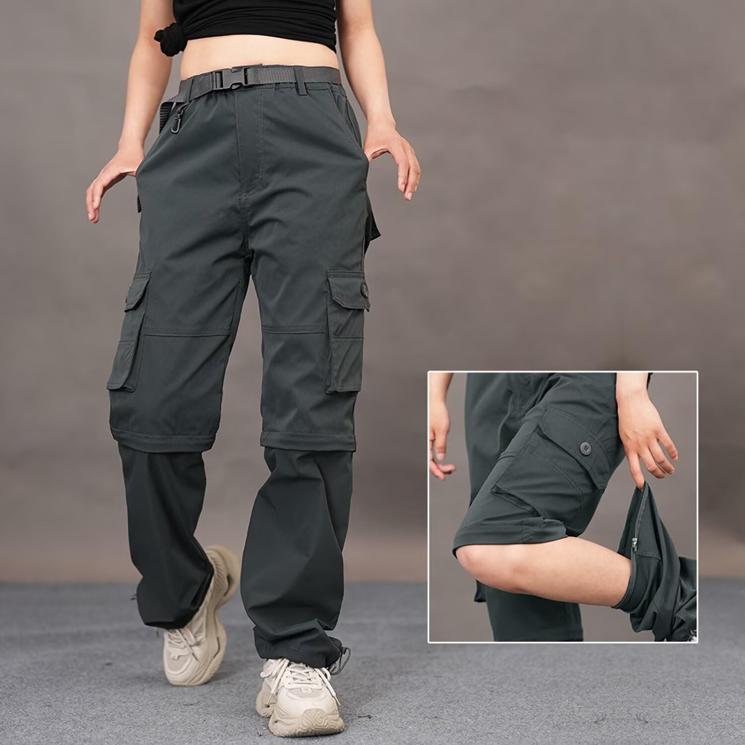 Pantaloni da trekking da donna, con zip off, ad asciugatura rapida, da trekking, con gambe rimovibili, traspiranti, pantaloni cargo estivi, pantaloni funzionali con cintura, 6 tasche