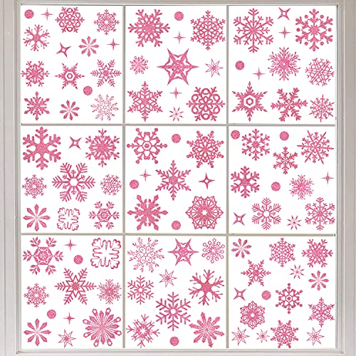 Amaonm Removable 9 Sheets Christmas Static Glitter Snowflake Window Decals Christmas Party Supplies Decoration Sticker Christmas Decor for Home Room Offices Supermarket Shop Window Glass Door (Pink)