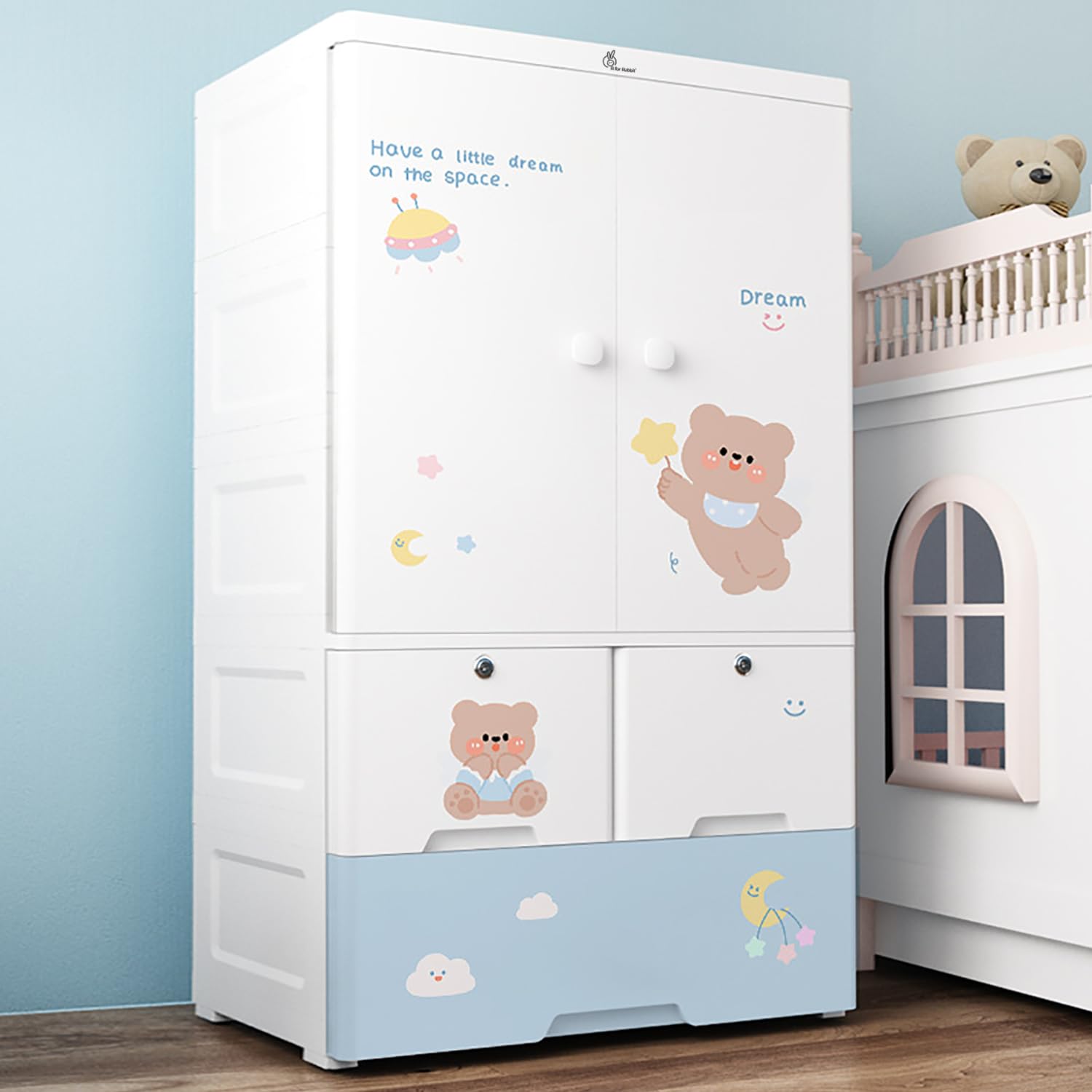 R for Rabbit Kiddo Korner Stellar Wardrobe for Kids Clothes Almirah Cupboard | Multipurpose Baby Toys/Books/Accessories Storage Organiser Closest with Anti-Skid Base & Lockable Drawers (Teddy Blue)