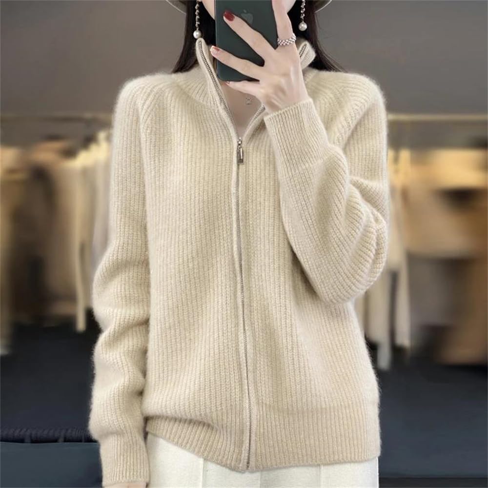 Hndudnff Damen-Strickjacke, Merinowolle, lässiger Rollkragen, Reißverschluss, Kaschmirjacke, Mantel