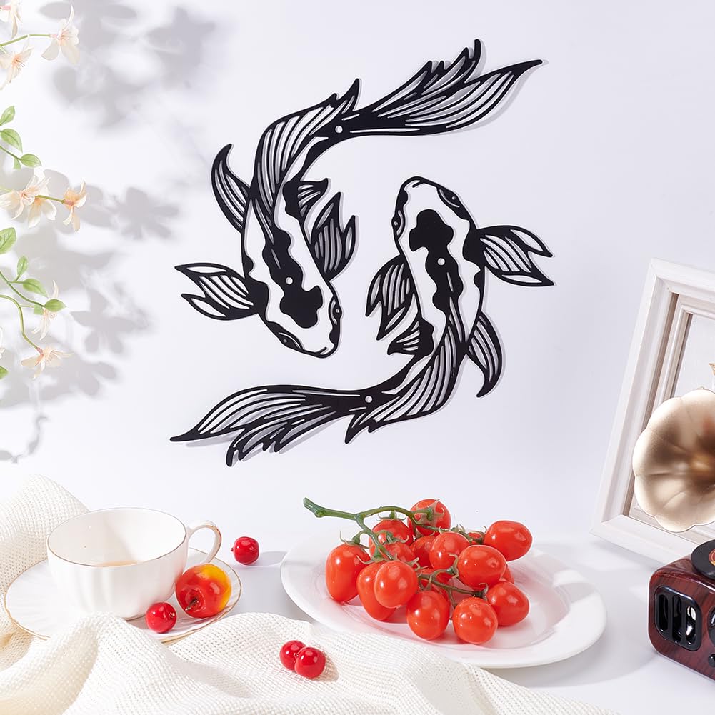 Décoration Murale Métal Poisson Koï Noir - 25,9 X 46 Cm - Style Asiatique - Pour Intérieur Ou Extérieur