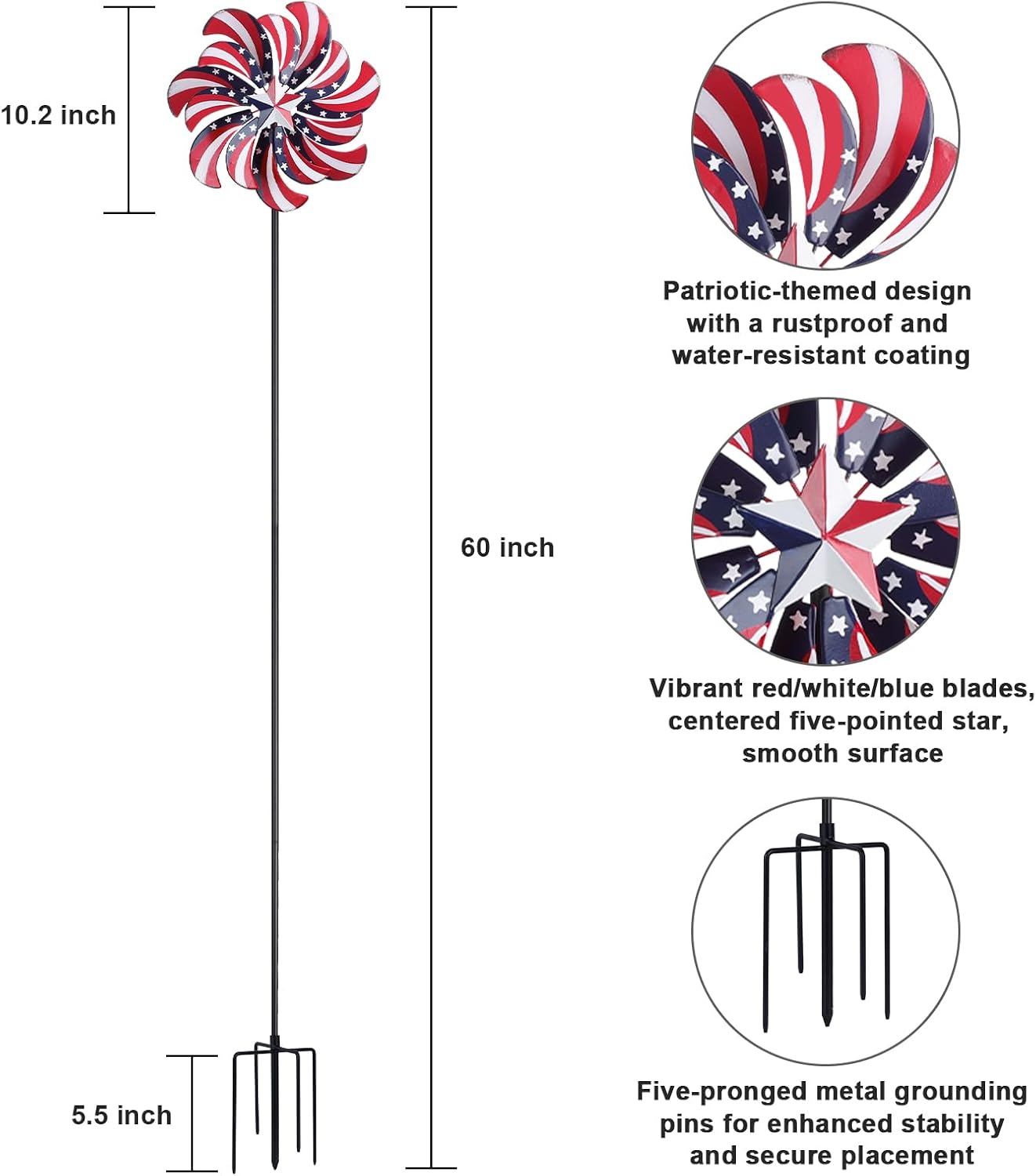hogardeck 4th of July Wind Spinners Outdoor, Metal Wind Spinners with Stakes for Patriotic Decorations, 360° Rotating Double Layers Windmill Yard Art for Outside Lawn Porch, Red White Blue