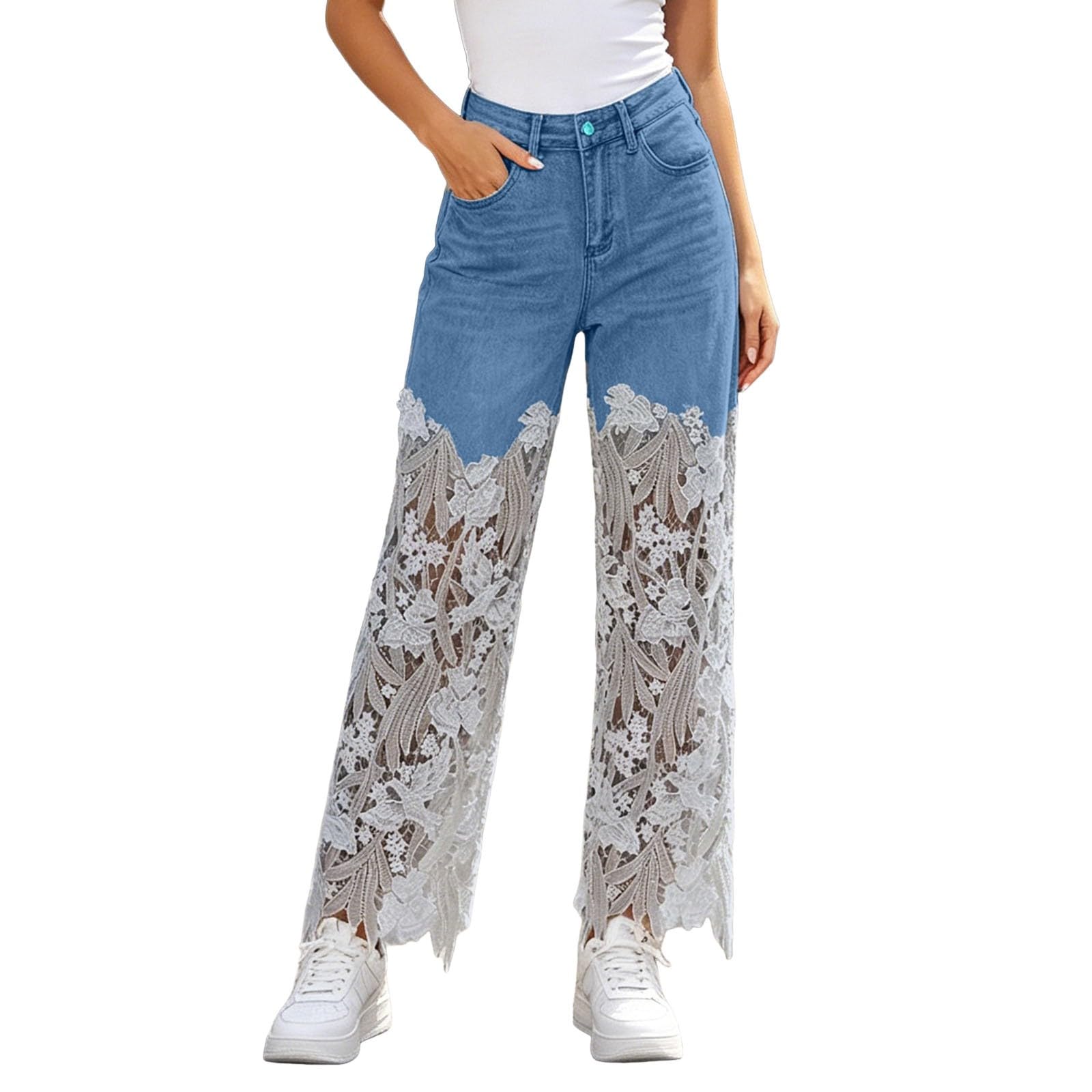 Pantalones De Verano Mujer Cargo, Pantalones Vaqueros Mujer Ligeros, Encaje Talle Alto con Aberturas DiseñO AsiméTrico Floral Y Rotos Pierna Recta Pantalón Deportivo Pantalon Pantalón