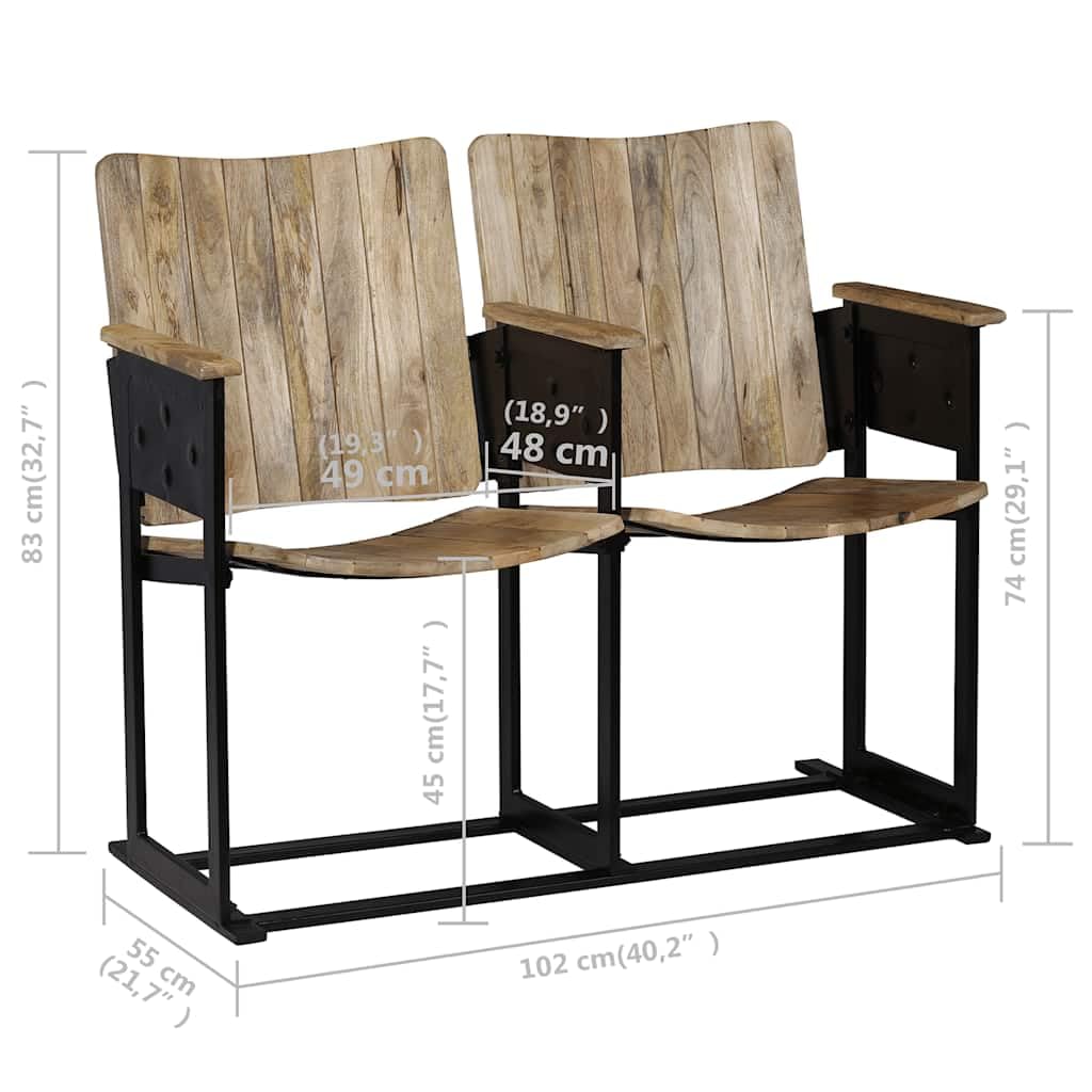 Banco de 2 plazas de madera maciza de mango y acero, 102 cm de ancho, hecho a mano, pulido, pintado, lacado, para salón, dormitorio, asiento cómodo