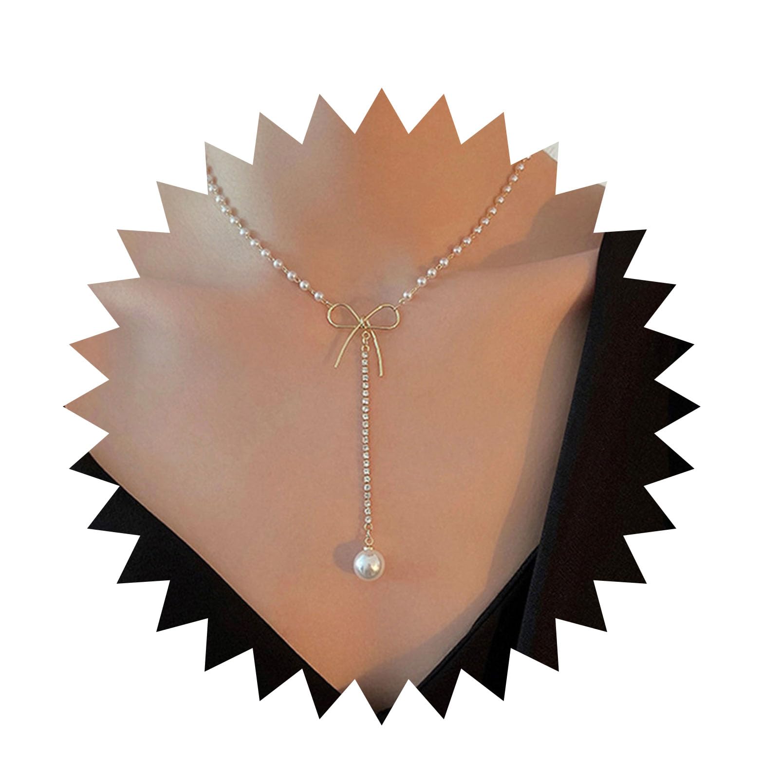 AndelaisiBoho Bow Pearl Y Lariat Necklace Vintage Bow Tie Choker Necklace Gold Tennis Chain Y Drop Necklace Pearl Pendant Necklace Minimalist Bow Pearl Necklace Jewelry for Women and Girls