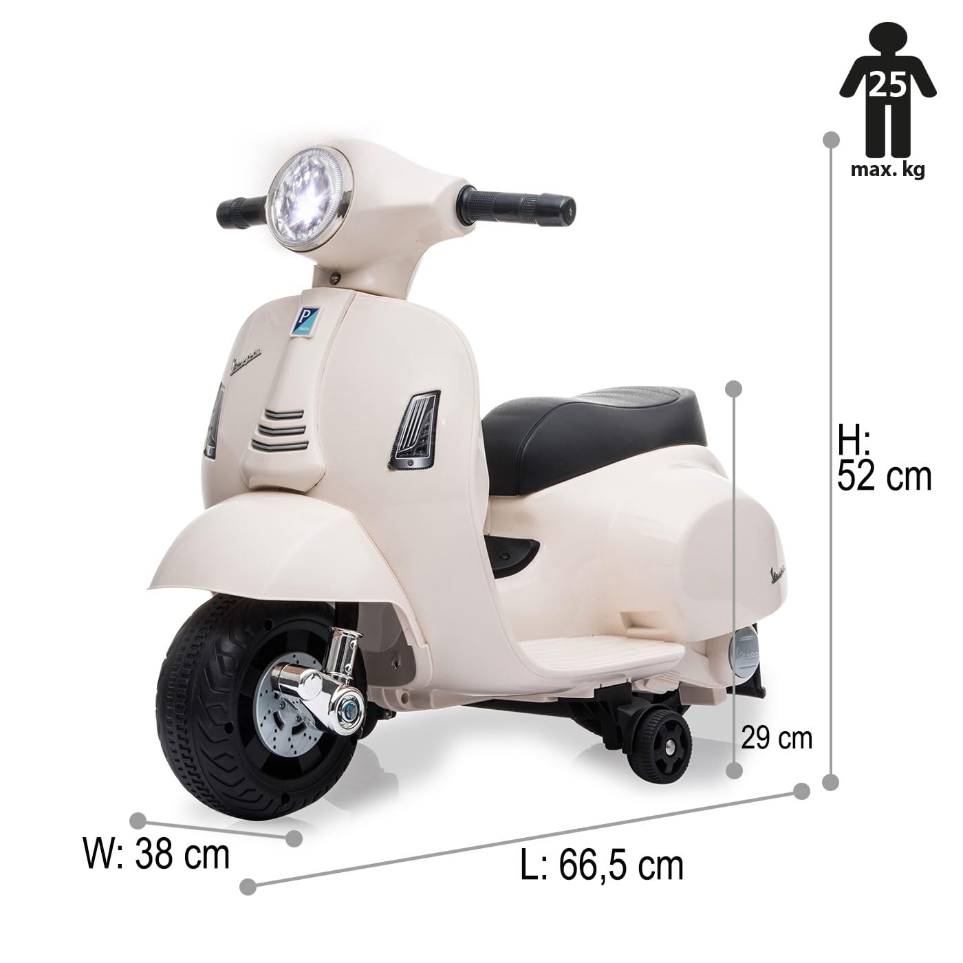JAMARA 461856 Ride-on Vespa Mini Li-Power 8.4 – samochód elektryczny Vespa dla dzieci od 18 miesięcy, elektryczny samochód samochodowy, do jazdy elektrycznej, koła podporowe, gazu, pomysł na