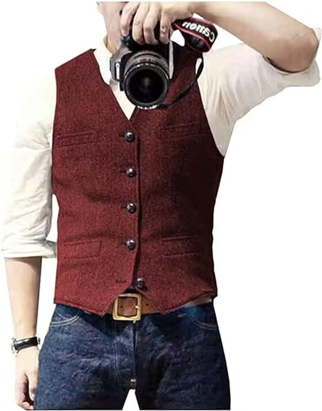 Solovedress Men's Casual Wool Herringbone Suit Vest V-Neck Tweed Vest for Wedding Groomsmen, burgundy, L