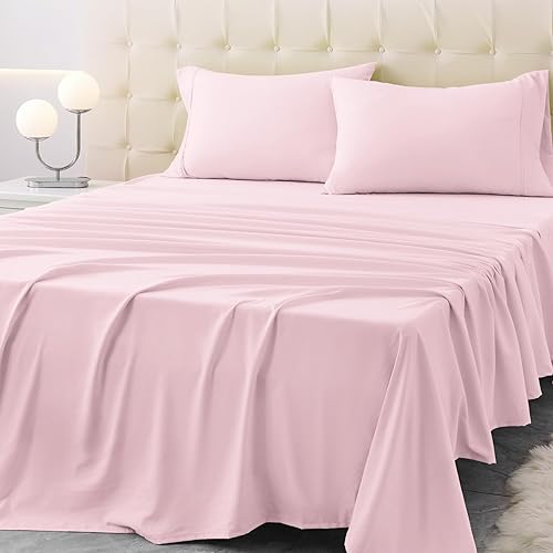 King Size Bed Sheet Set - 4 Piece Soft Microfiber Sheets with Deep Pockets, Cooling Technology, and Wrinkle-Free Pillowcase. Hotel-Quality, Durable Bedding, Light Pink