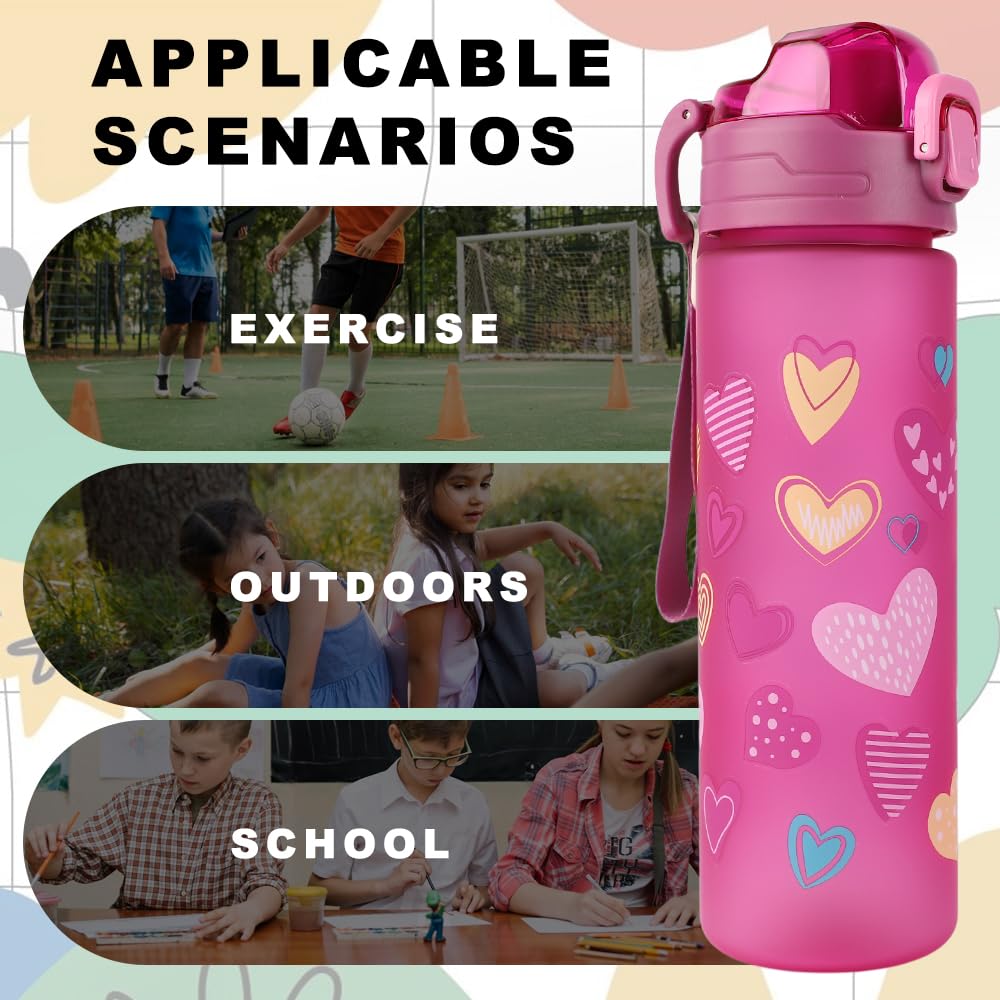 Botellas Agua Niños, 700 Ml, Apta para Bebidas Carbonatadas, Libre de BPA, Apertura con un Solo Toque, Fácil de Limpiar, Botella de Agua de Gran Capacidad, Ideal para La Colegio (Corazón)